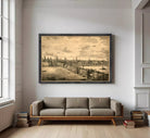 The image is a framed print depicting a cityscape with a river and boats, possibly from the 19th century.