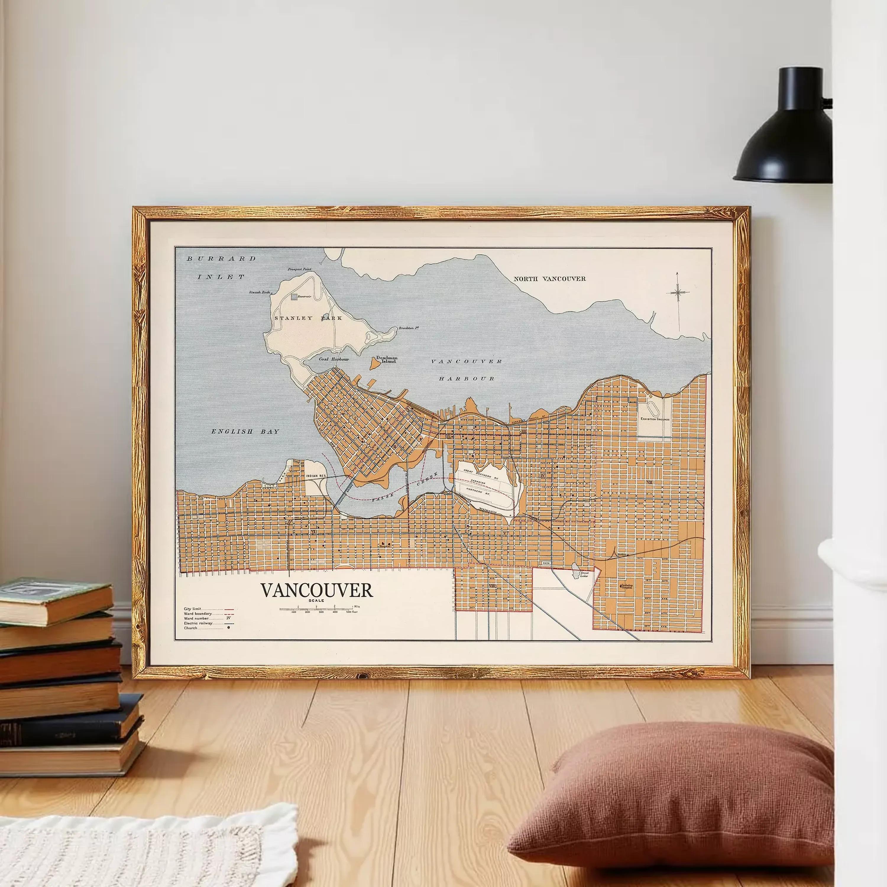 The image is a framed map of Vancouver, Canada, depicting the city's streets and surrounding areas.