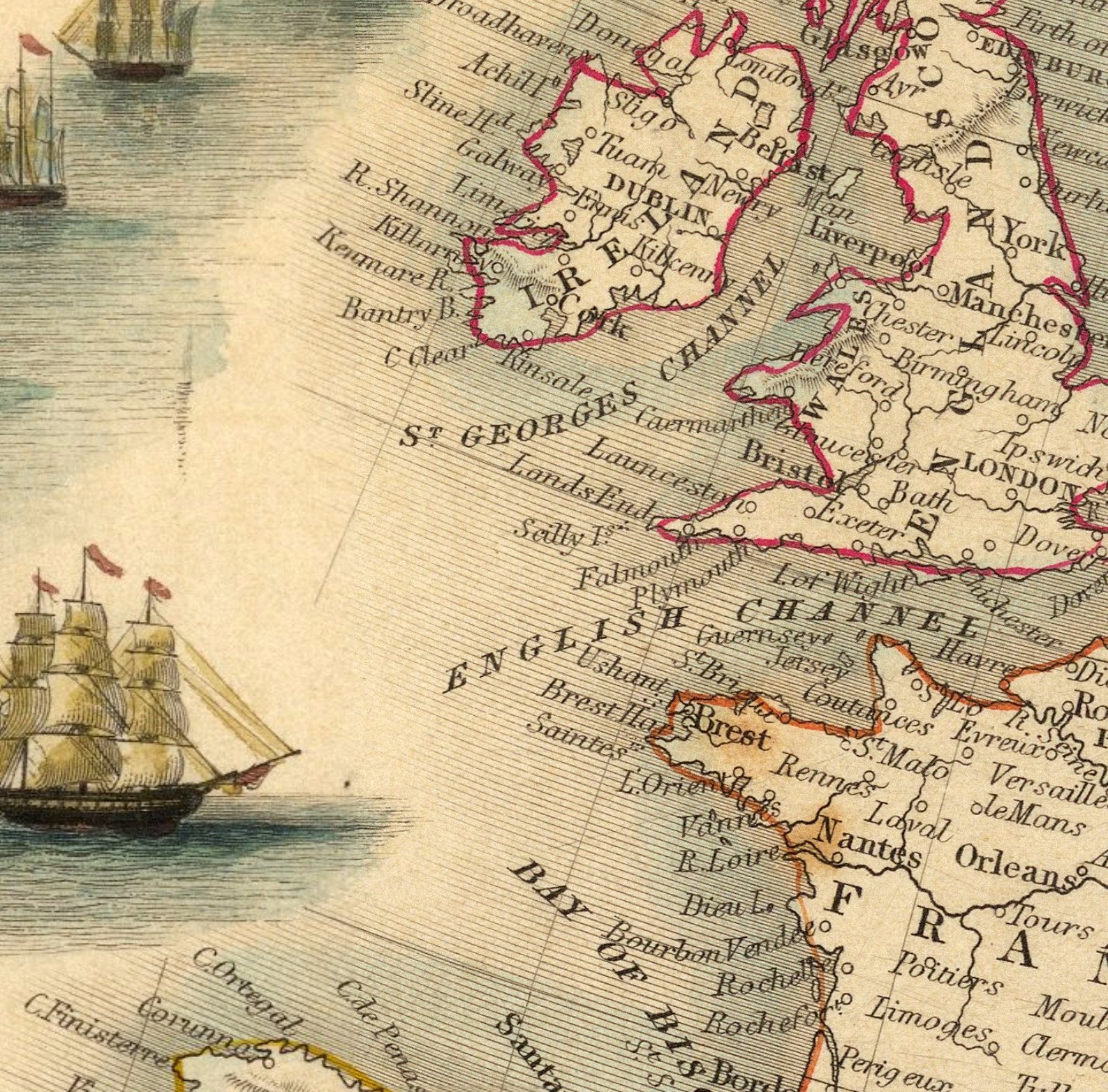 The image is a detailed map of the world, featuring various countries and regions with labels such as 'St. George's Channel', 'English Channel', and 'Bristol'. There is also a depiction of a sailing ship in the background, adding a historical element to the map.