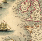 The image is a detailed map of the world, featuring various countries and regions with labels such as 'St. George's Channel', 'English Channel', and 'Bristol'. There is also a depiction of a sailing ship in the background, adding a historical element to the map.