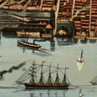 a bustling harbor scene with various ships, including a large sailing ship, smaller boats, and a steamboat. The harbor is surrounded by a cityscape with buildings and other structures, creating a lively and dynamic atmosphere.