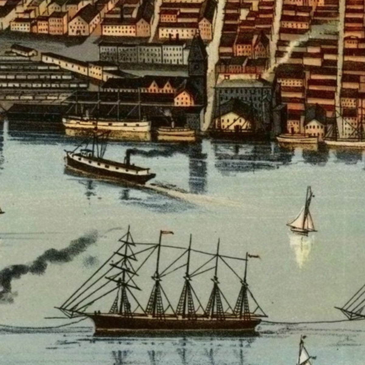 a bustling harbor scene with various ships, including a large sailing ship, smaller boats, and a steamboat. The harbor is surrounded by a cityscape with buildings and other structures, creating a lively and dynamic atmosphere.