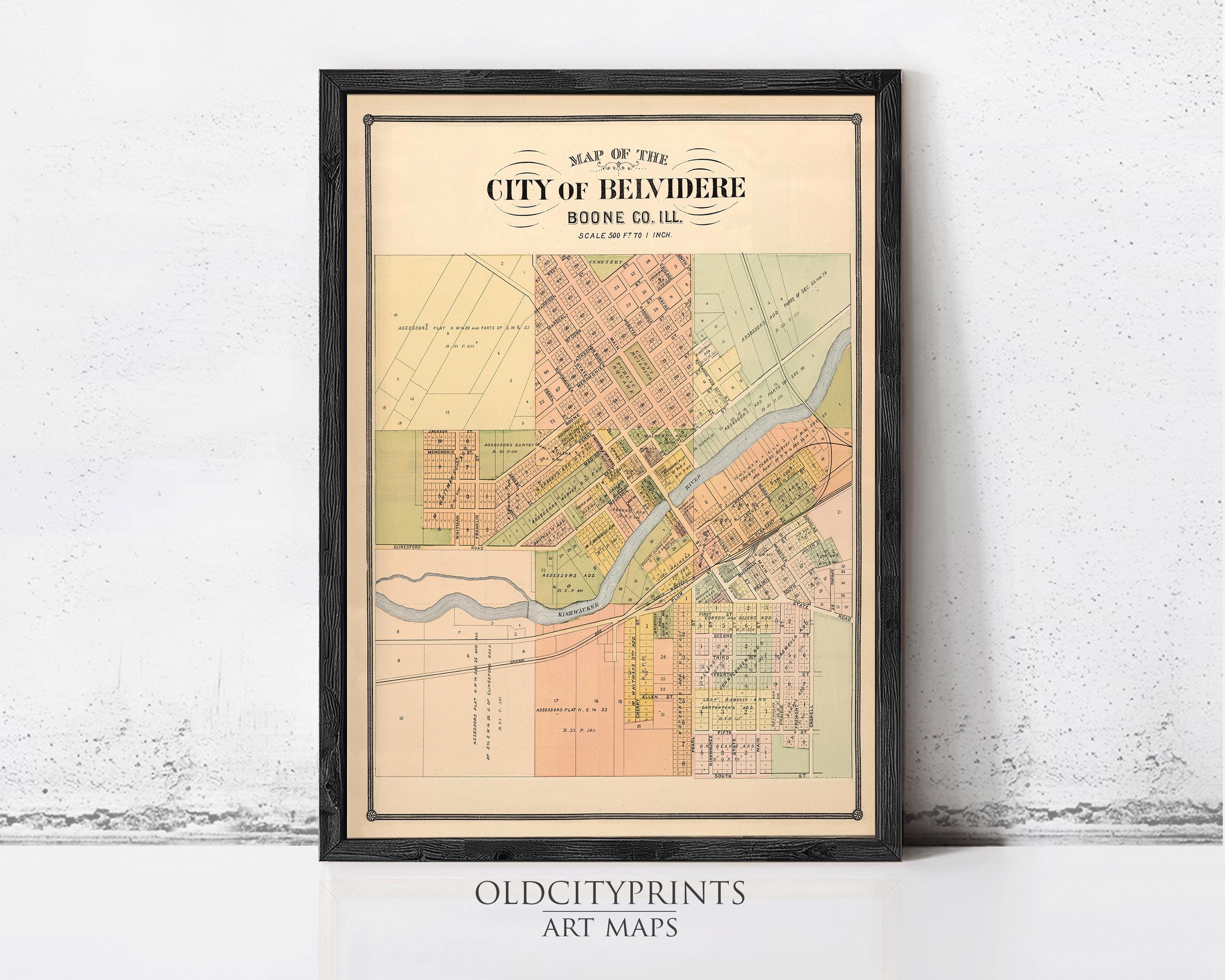 The image is a framed vintage map of the City of Beindere, displaying a detailed layout of the city's streets, neighborhoods, and other geographic features.