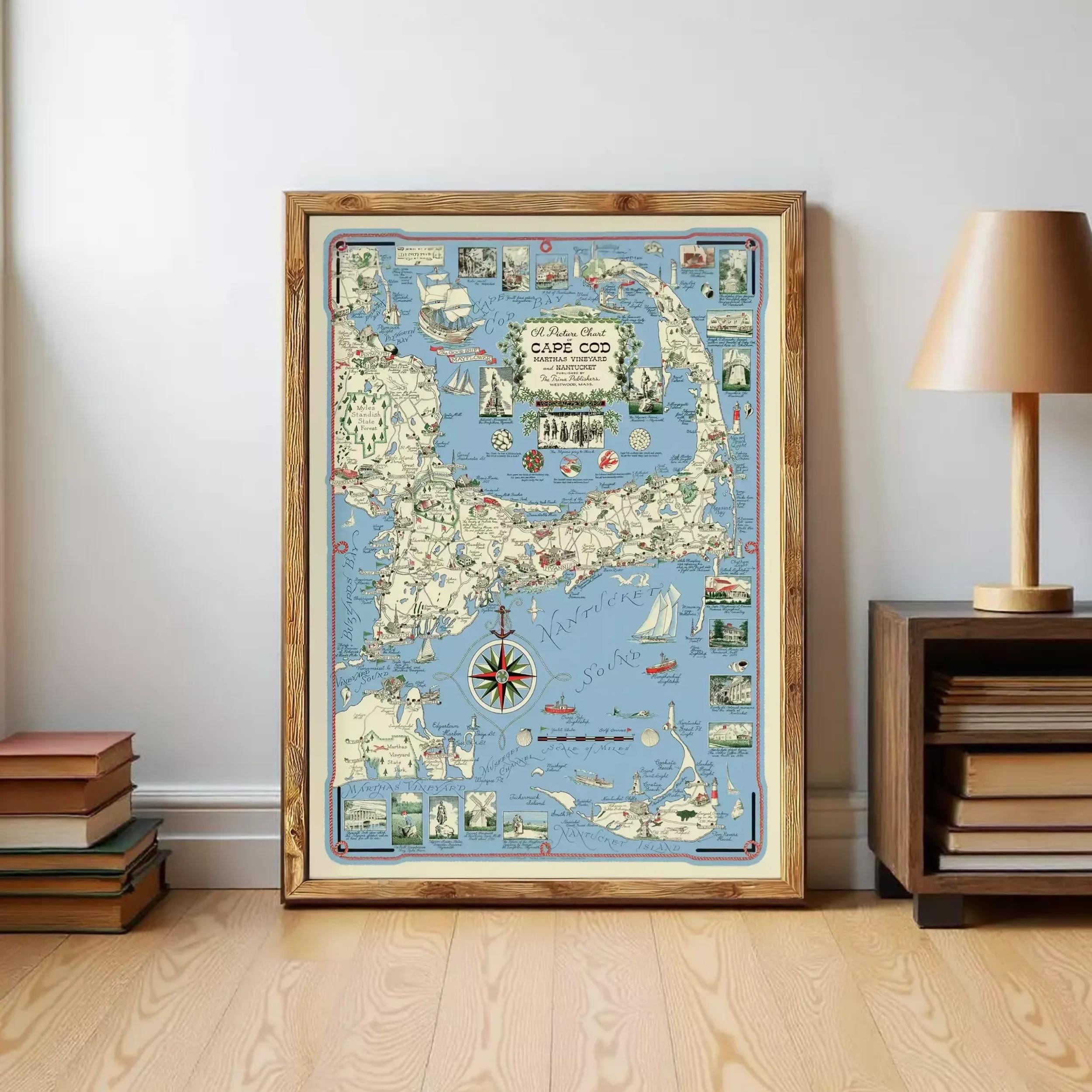 a framed vintage map of Cape Cod, a coastal region in Massachusetts, Massachusetts, USA.