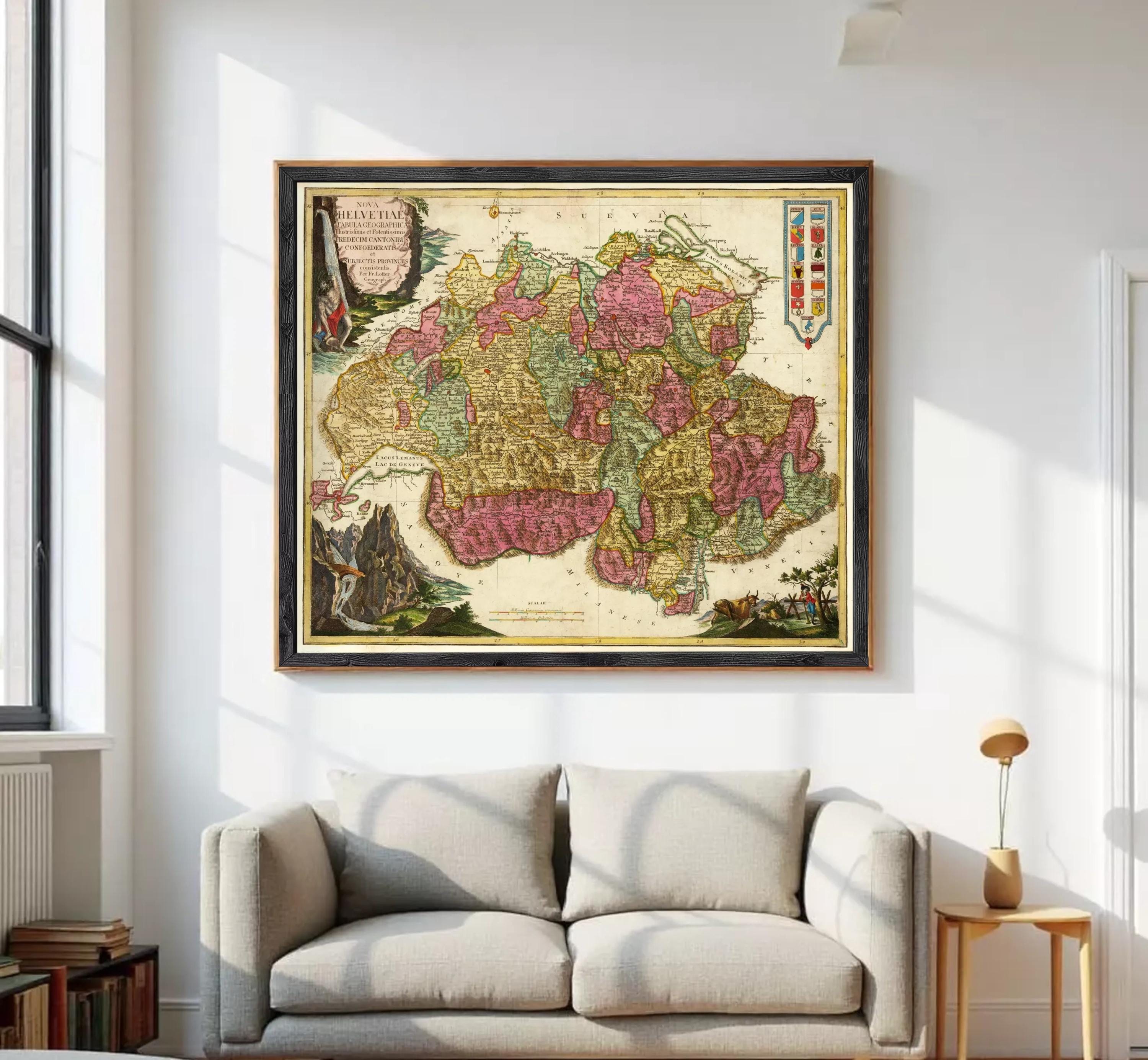 The image is a framed antique map of Europe, featuring detailed illustrations and colorful landmasses.