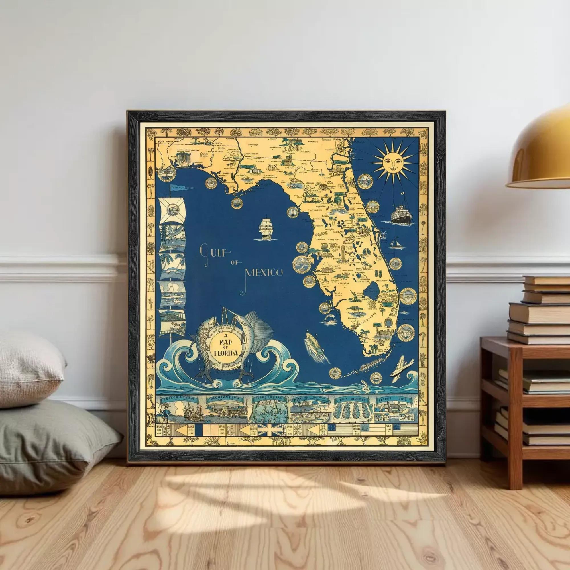 The image is a framed vintage map of Florida, depicting various landmarks and coastal areas in a stylized and decorative manner.