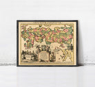 The image is a framed vintage map of the world, depicting various regions and countries with different colors and symbols.