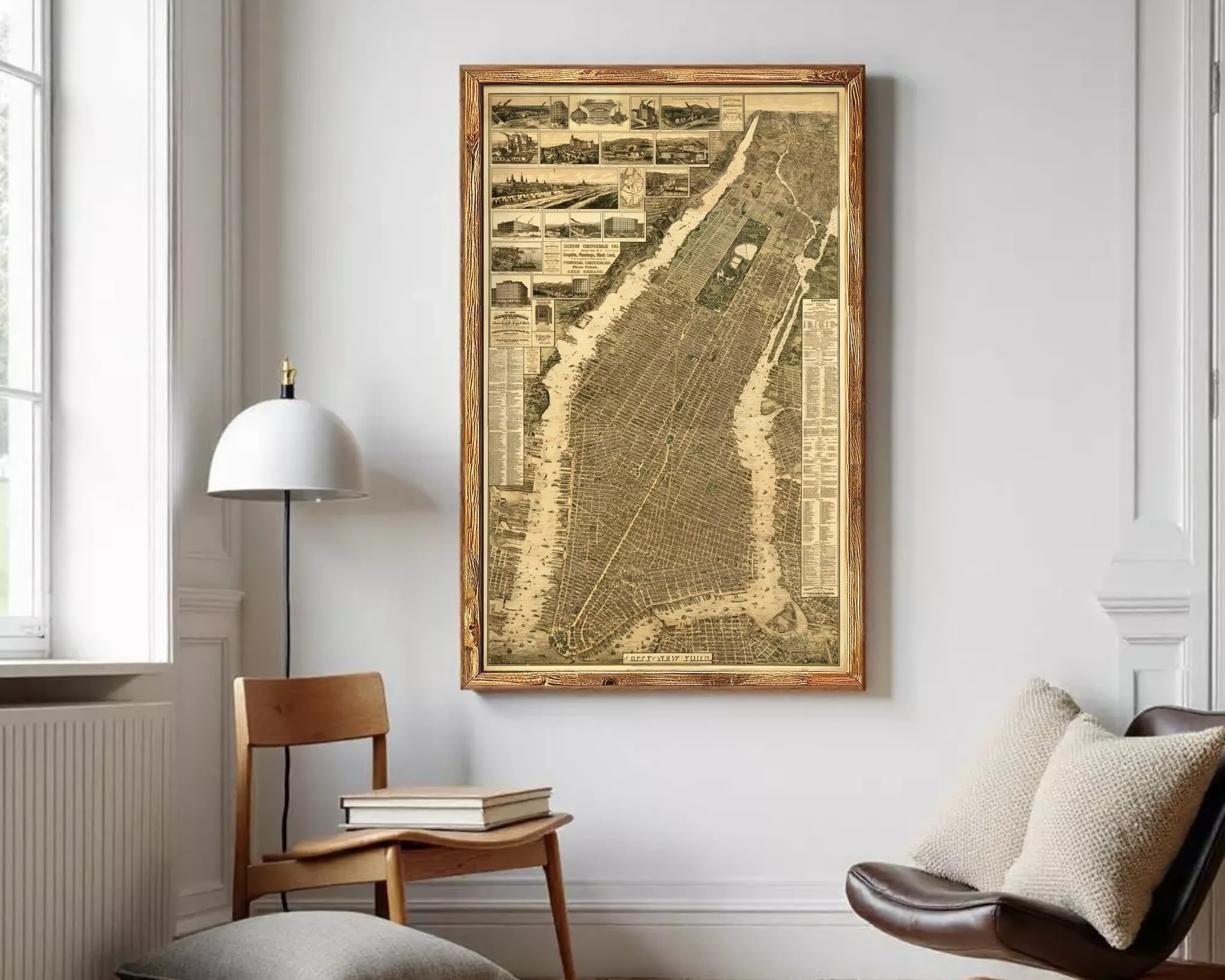 The image is a framed map of New York City, depicting various landmarks and streets in a detailed and intricate manner.