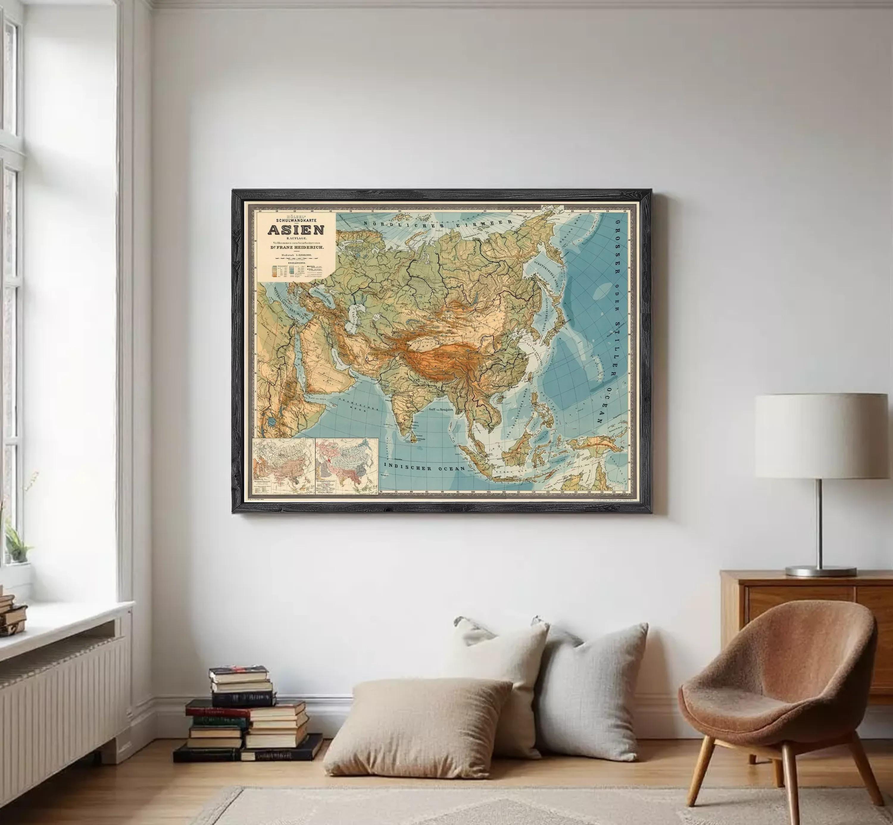 The image is a framed vintage map of Asia, depicting the countries and regions of the Asian continent.