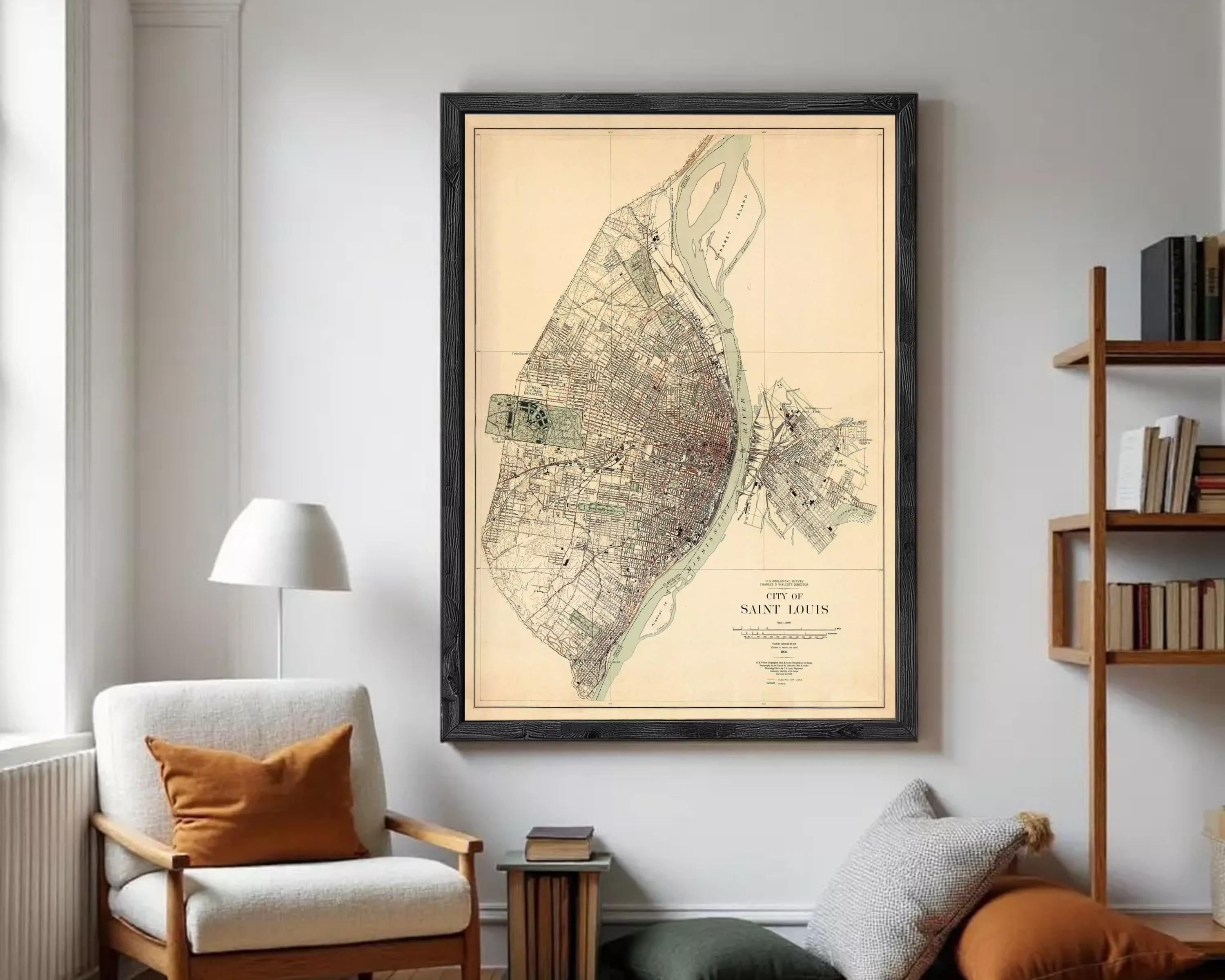 The image is a framed map of Saint Louis, Missouri, depicting the city's layout and surrounding areas.