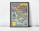 The image is a framed illustration of a map of Italy, depicting various landmarks and geographical features.