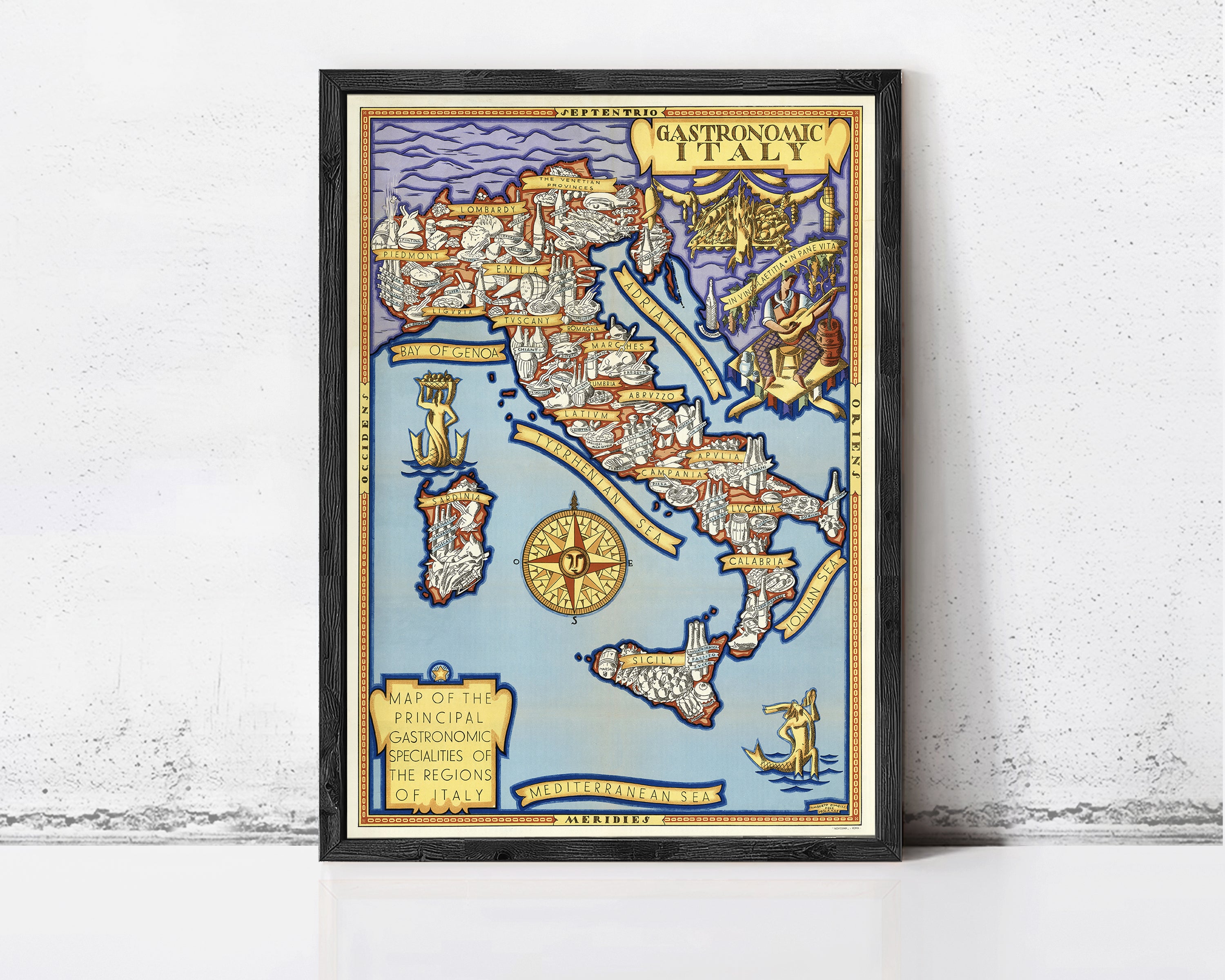 The image is a framed illustration of a map of Italy, depicting various landmarks and geographical features.