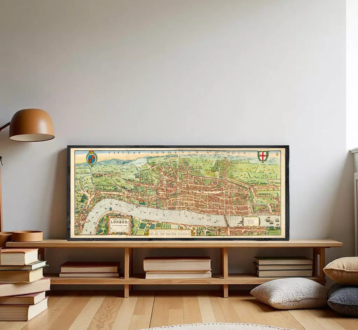 A framed map of London, featuring a detailed illustration of the city's streets, landmarks, and surrounding areas.