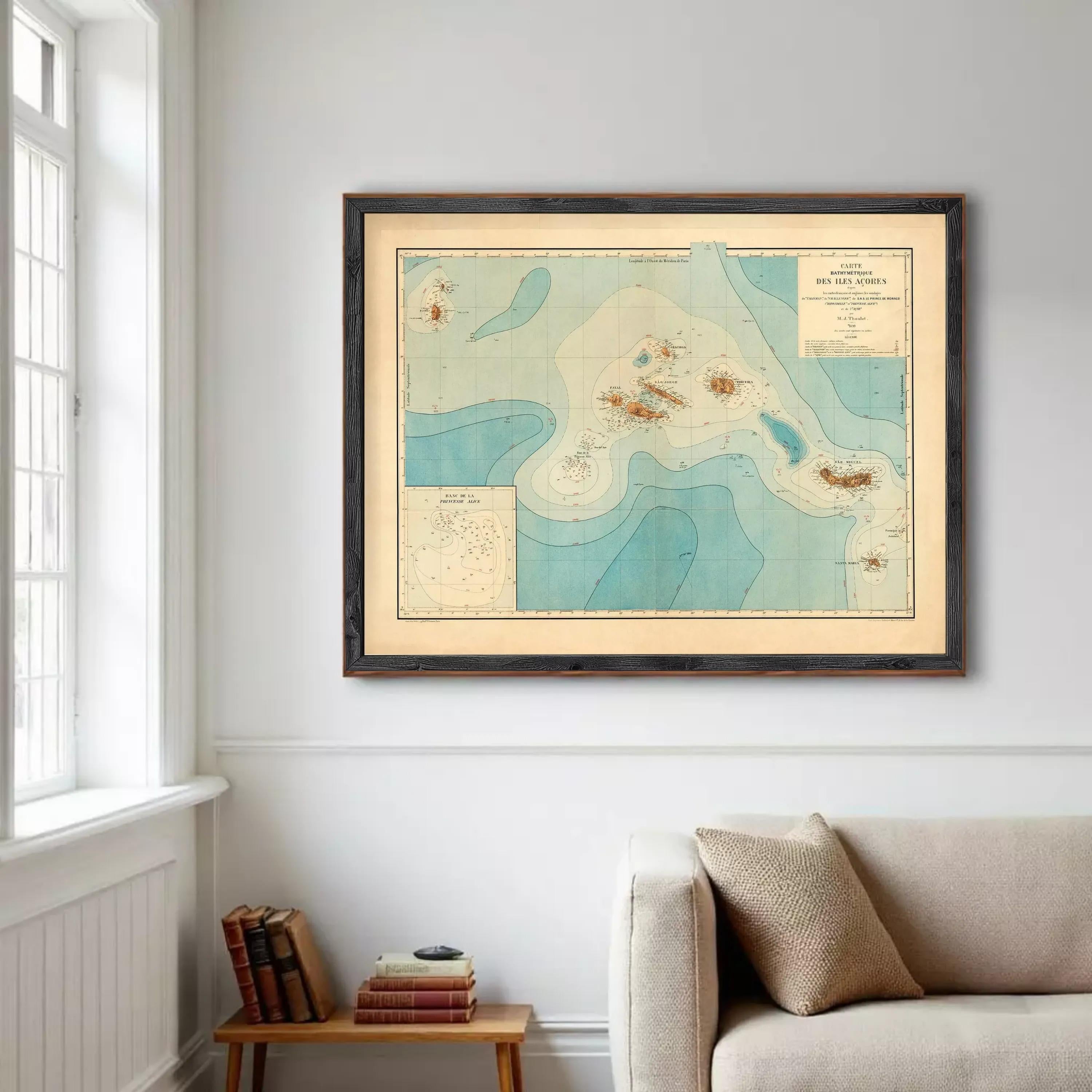 a framed map of the Baja California region hanging on a wall in a living room.
