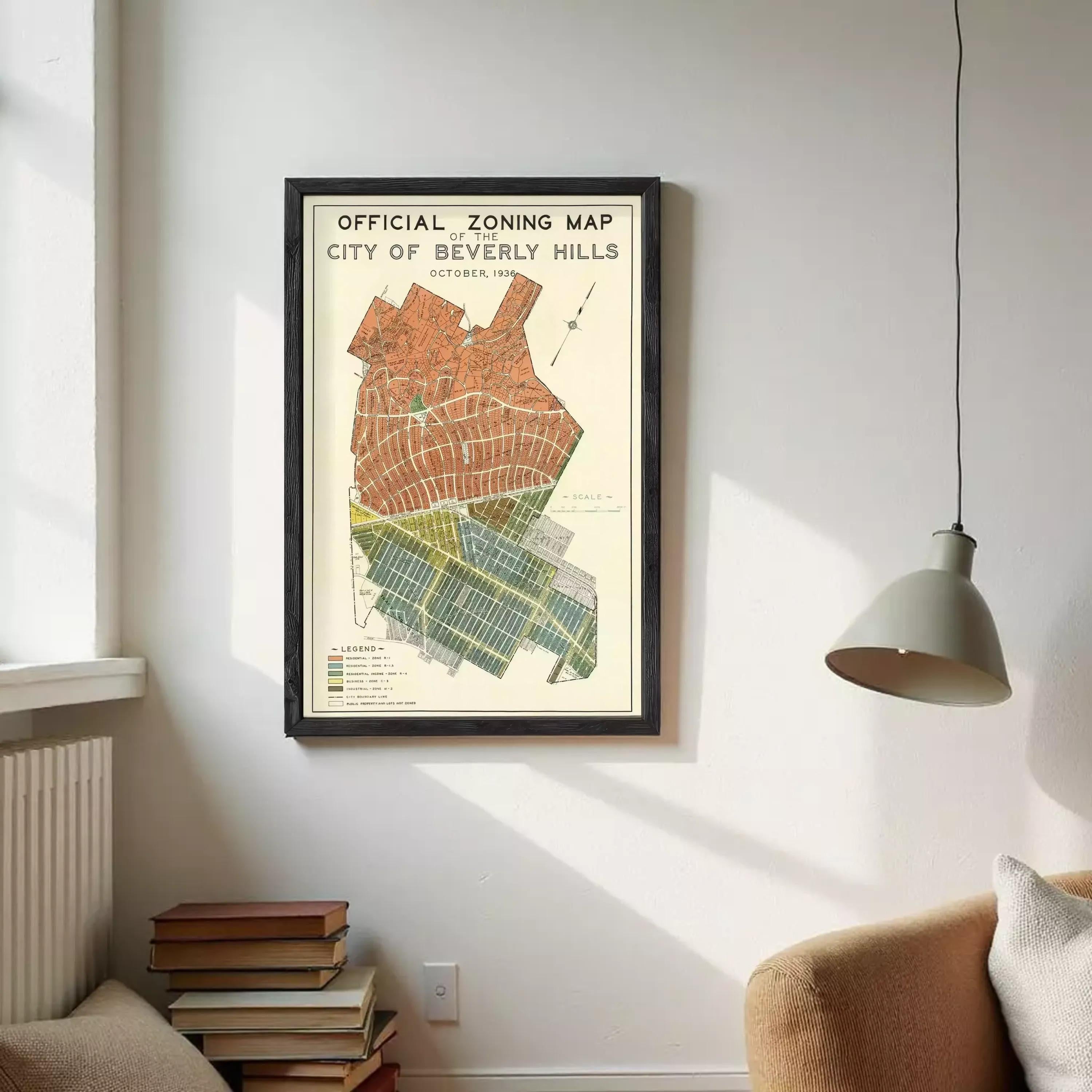 The image is a framed vintage map of Beverly Hills, California, dated October, 1938.