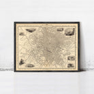 The image is a framed vintage map of a city, likely London, with various landmarks and streets depicted in black and white.