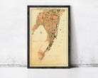 The image is a framed vintage map of the city of Manhattan, New York, depicting the city's layout and surrounding areas.