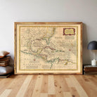 a large, framed map of the Caribbean and Central America, with a vintage, antique appearance.