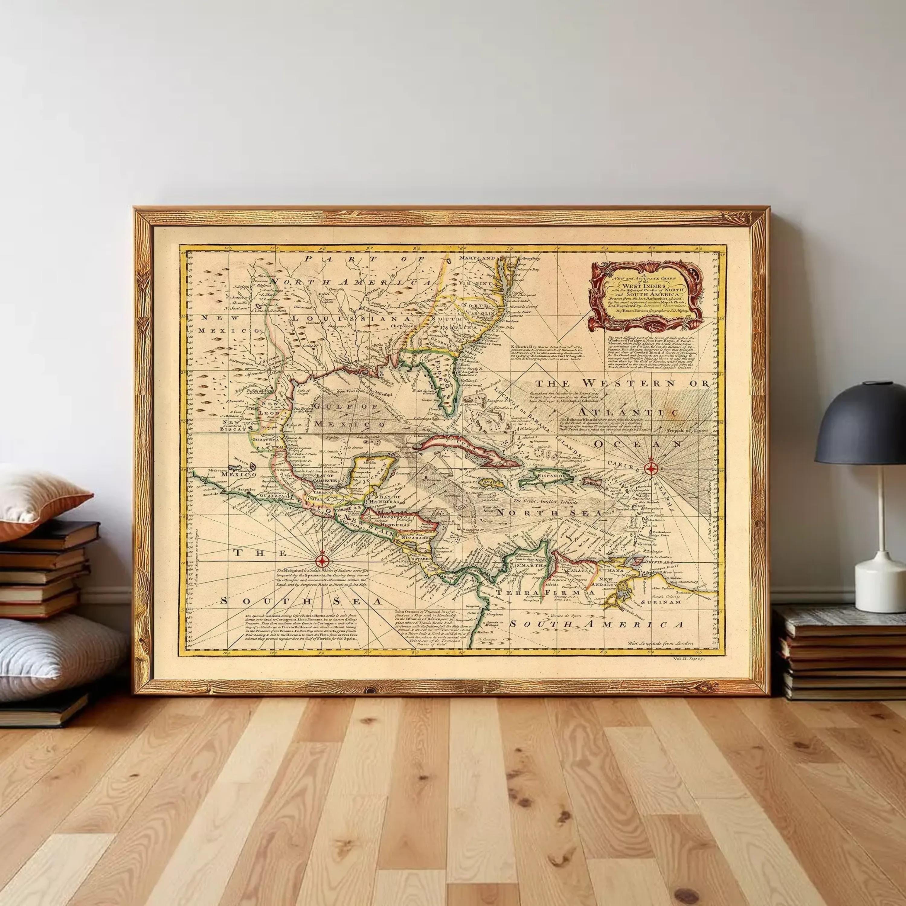a large, framed map of the Caribbean and Central America, with a vintage, antique appearance.