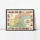 The image is a framed vintage map of Shanghai, China, depicting the city's streets, landmarks, and waterways.