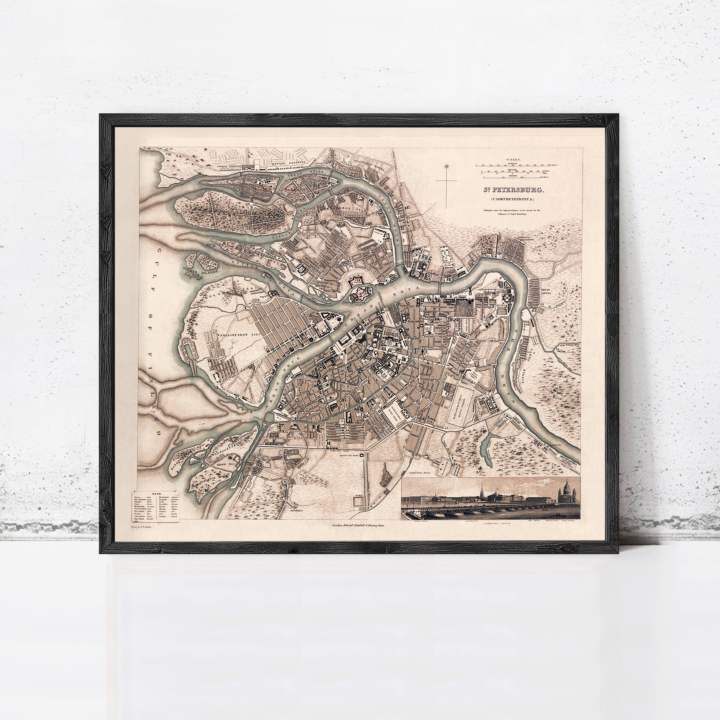 The image is a framed historical map of St. Petersburg, Russia, depicting the city's layout and surrounding areas.