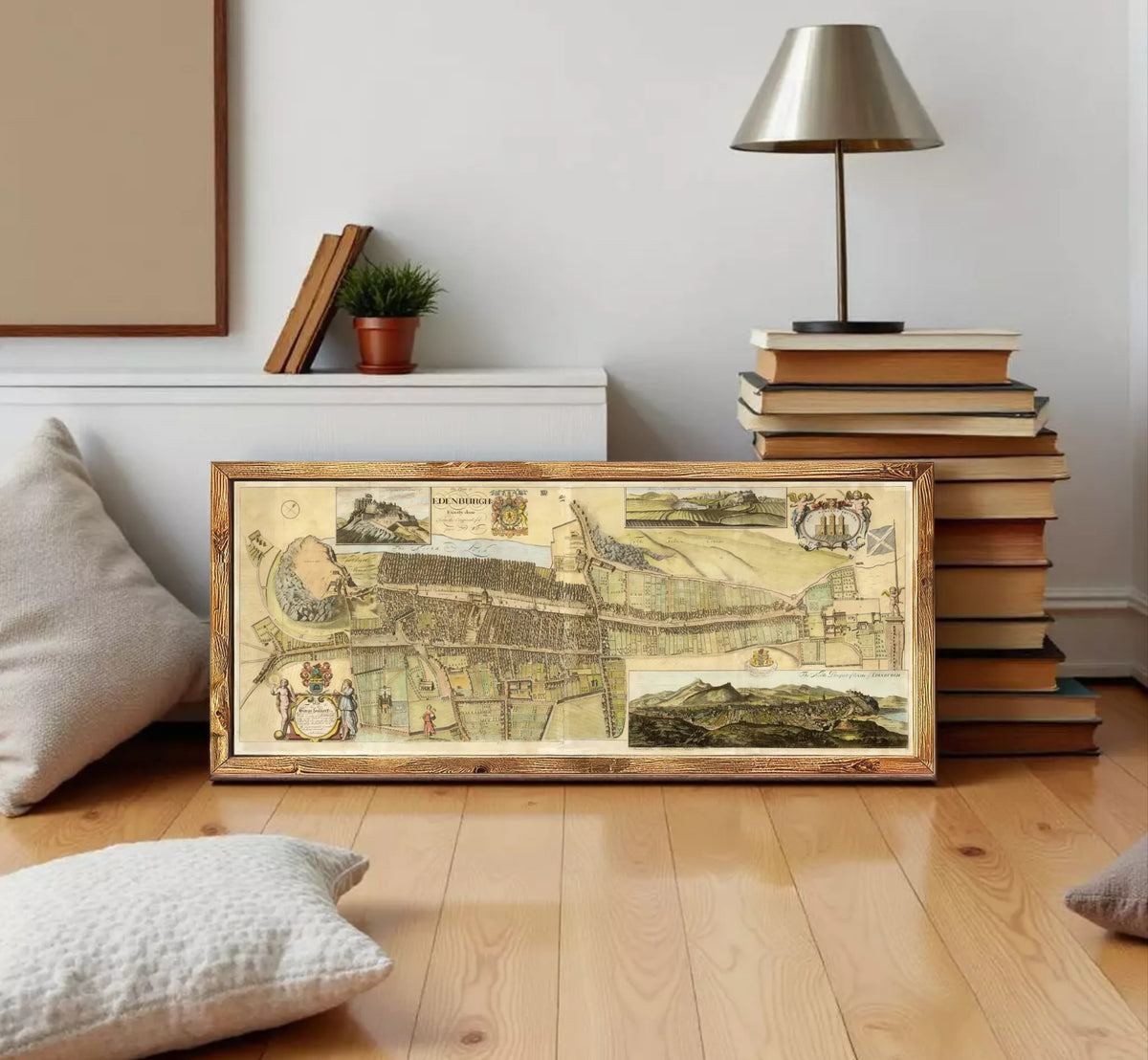 The image is a framed collage of various pictures, including a map, a landscape, and a historical scene, all set against a white wall.