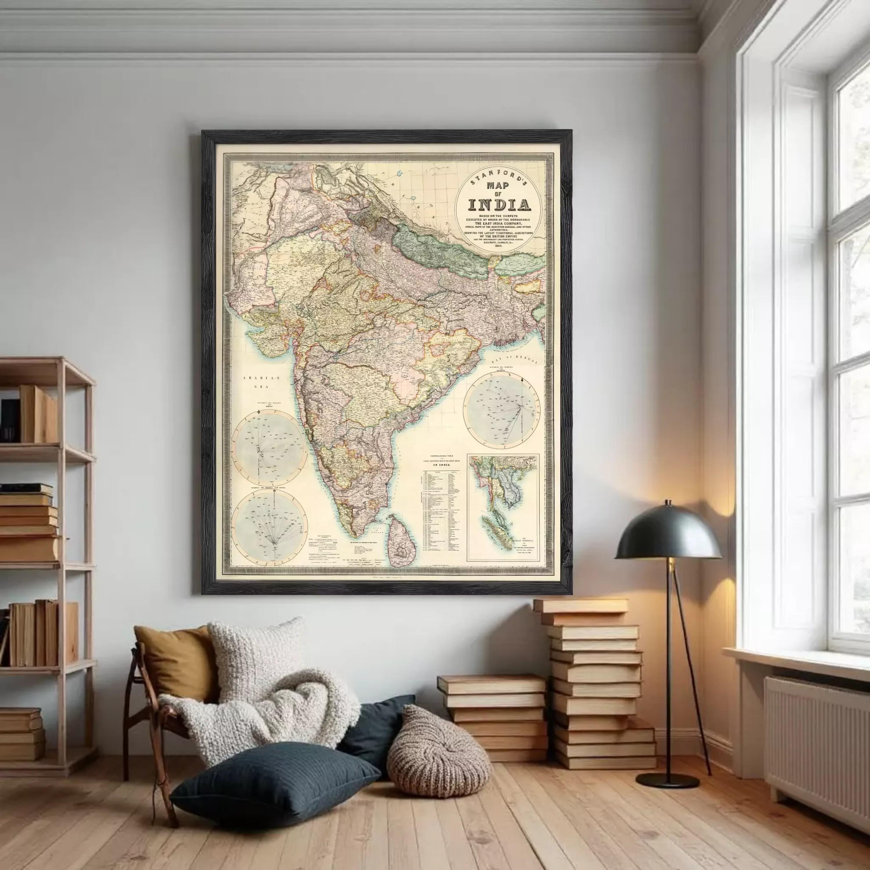 The image is a framed vintage map of India, depicting the country's geographical layout and boundaries.