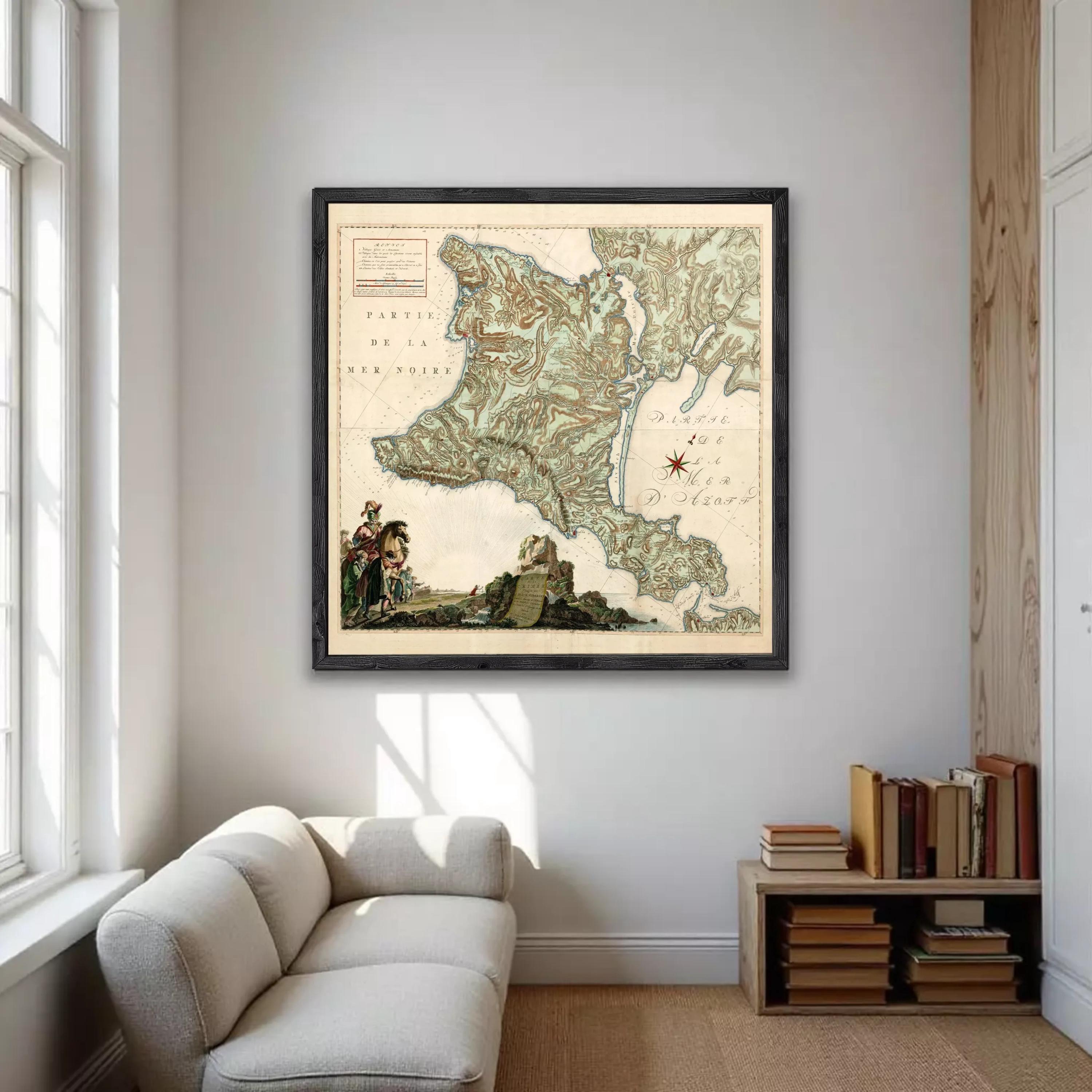 The image is a framed antique map of France, depicting a mountainous region with a river and a small town.