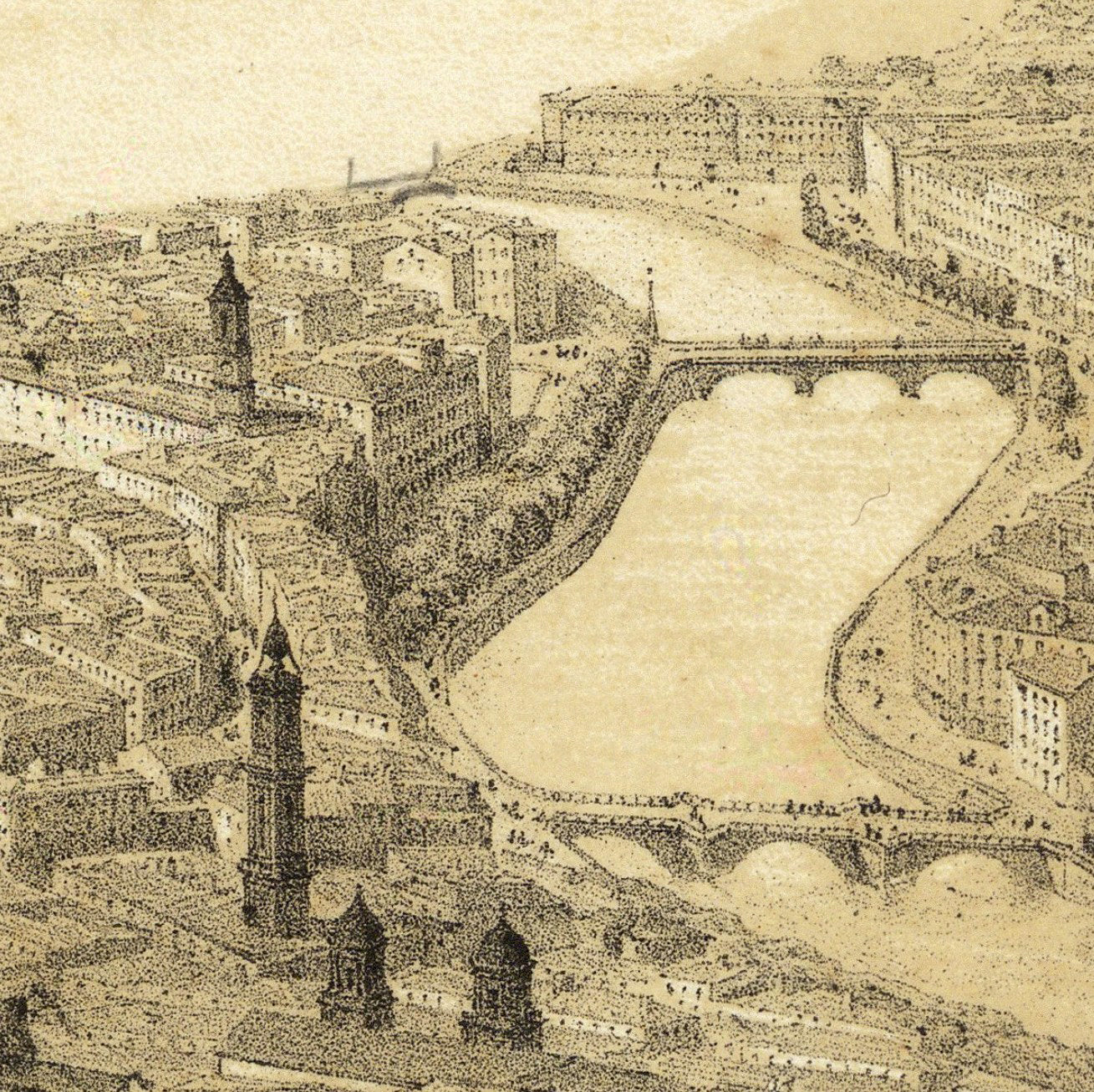 The image is a detailed illustration of a cityscape, featuring a river, buildings, and bridges.
