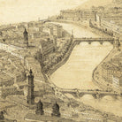 The image is a detailed illustration of a cityscape, featuring a river, buildings, and bridges.