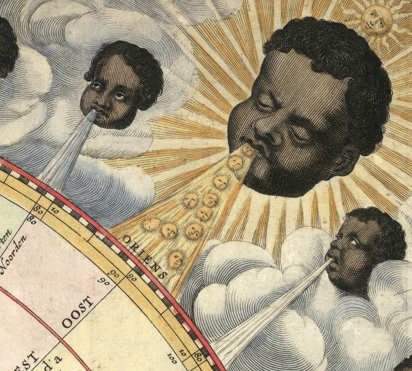 The image is a detailed illustration featuring a central figure with a large head and a smaller head, surrounded by clouds and rays of light. The central figure appears to be blowing a stream of smoke or smoke-like material. The background includes a map with various locations and landmarks, adding depth and context to the scene.