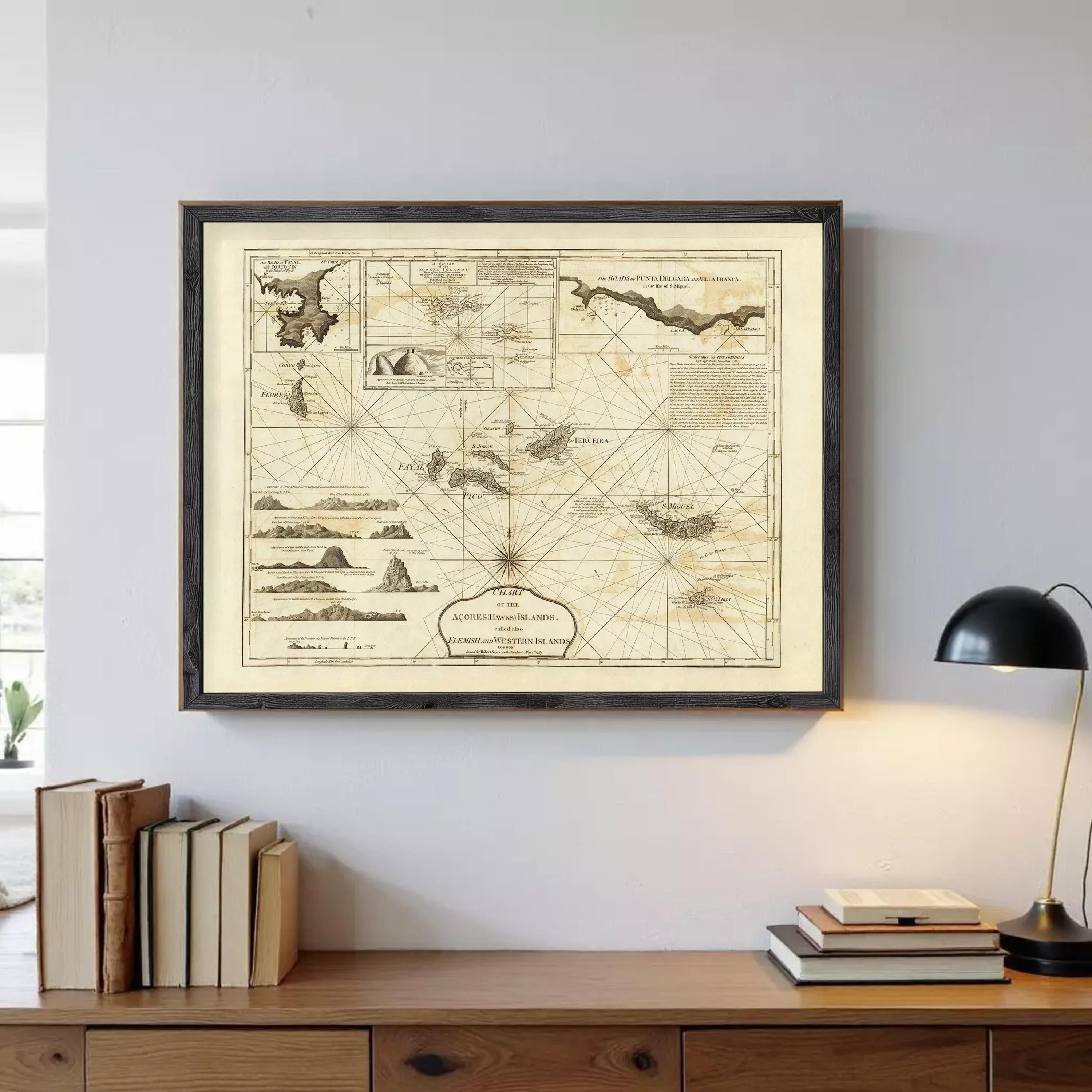 a framed map of the Lascaux Caves, a famous cave system in France, hanging on a wall above a wooden desk with a lamp and a stack of books.