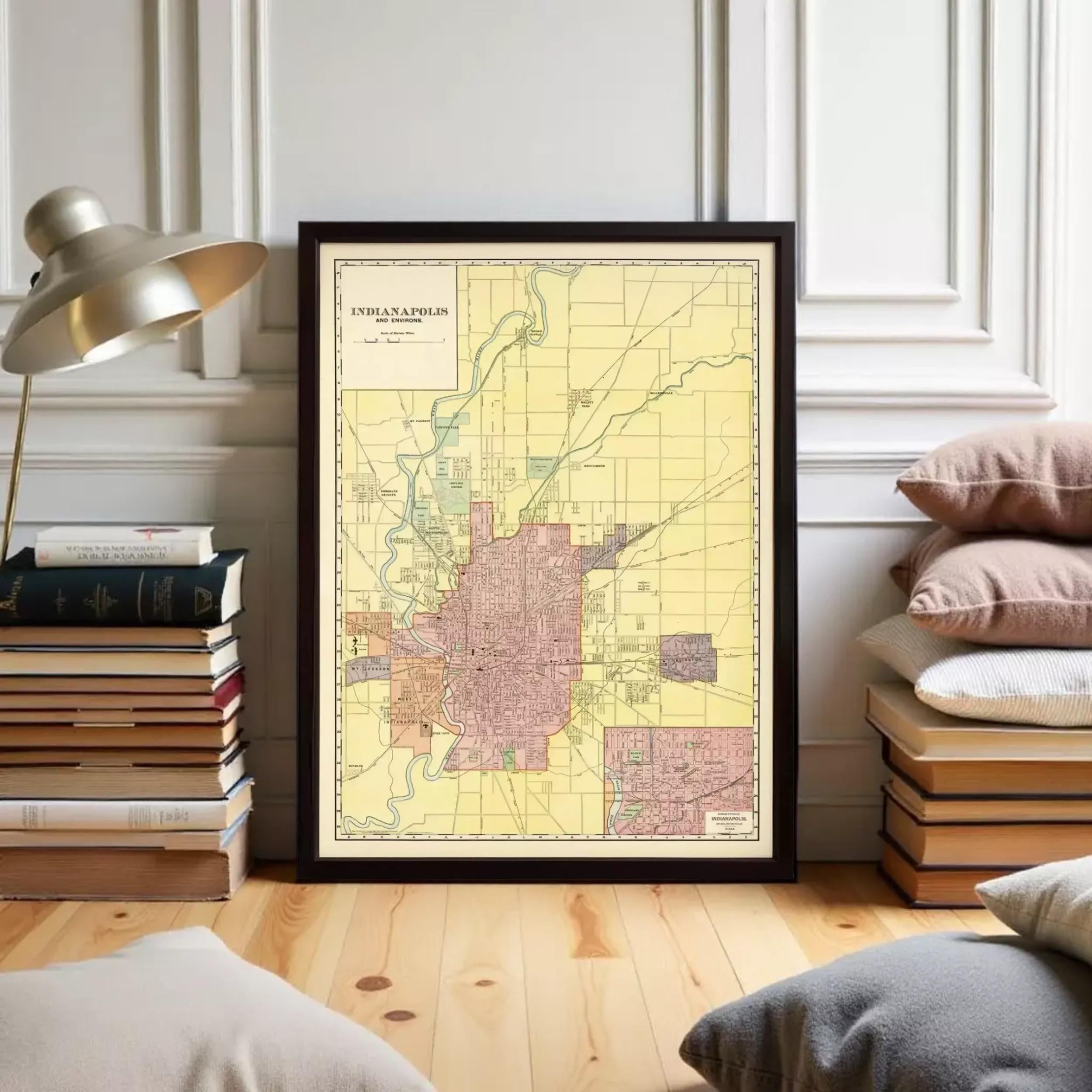 The image is a framed map of Indianapolis, Indiana, showing the city's streets and surrounding areas.
