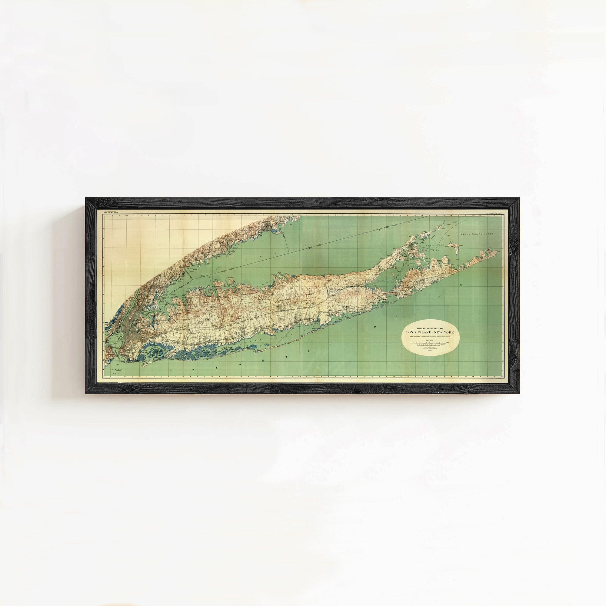The image is a framed map of the island of New Jersey, showing the coastline and surrounding areas.