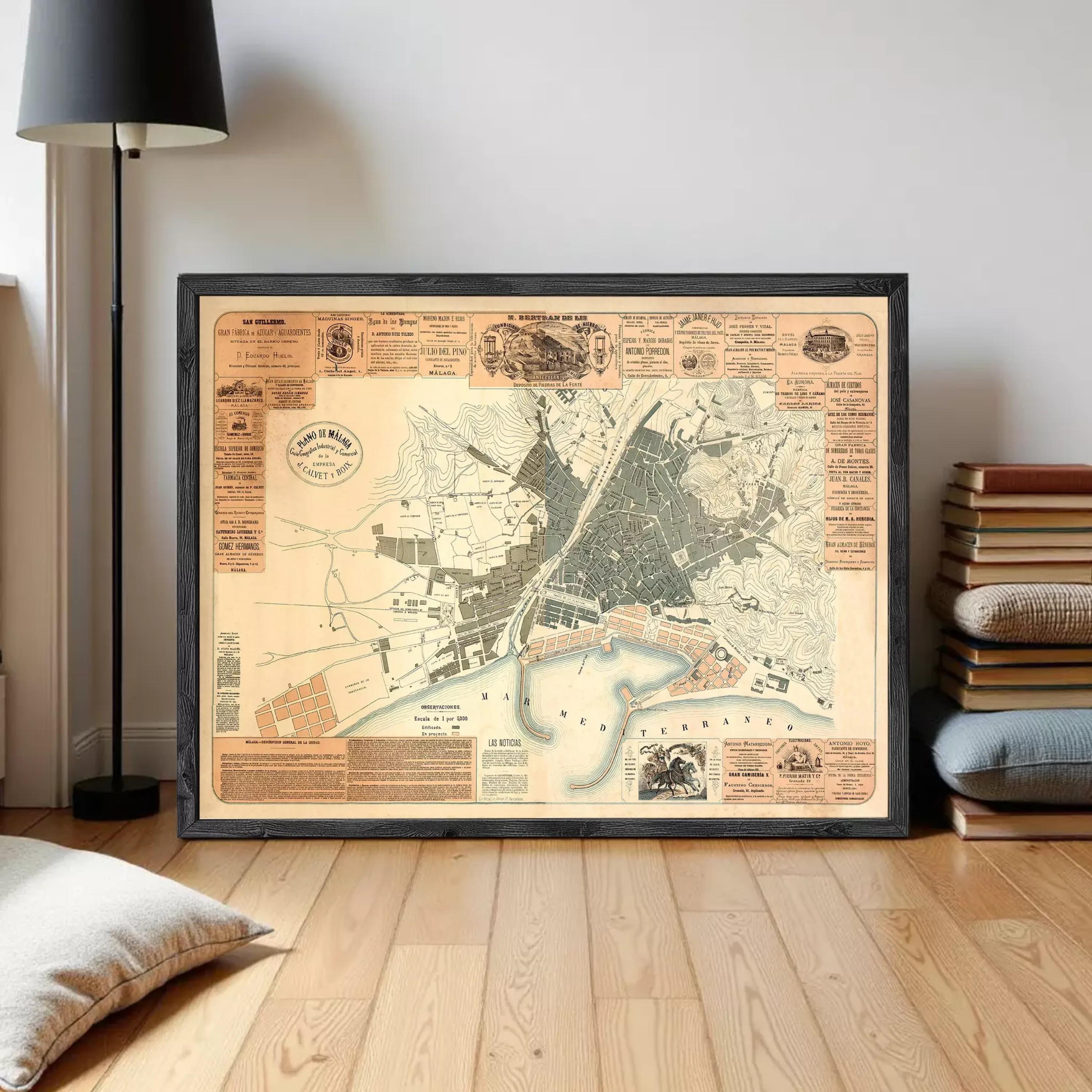 The image is a framed vintage map of a city, likely from the 19th century, with detailed street and geographical information.