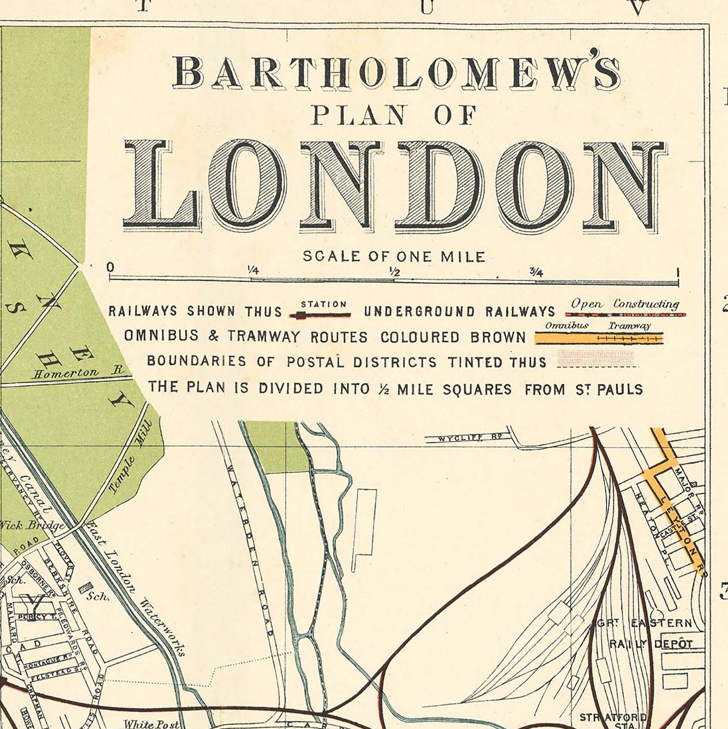 The image is a vintage map of London, showing railways, roads, and other transportation infrastructure.