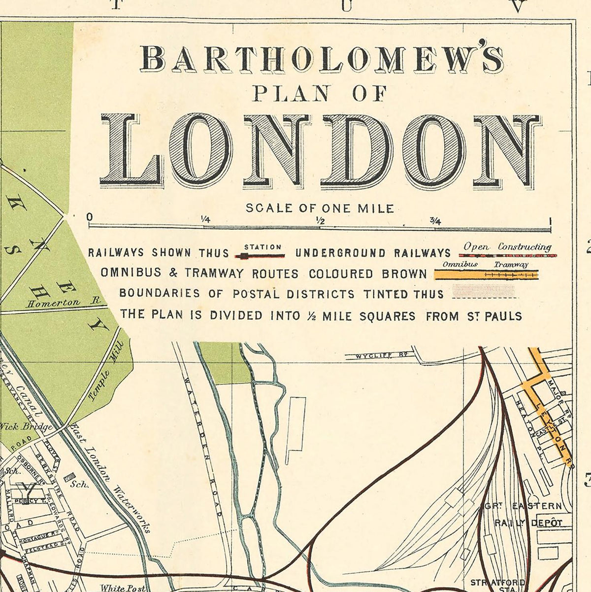The image is a vintage map of London, showing railways, roads, and other transportation infrastructure.