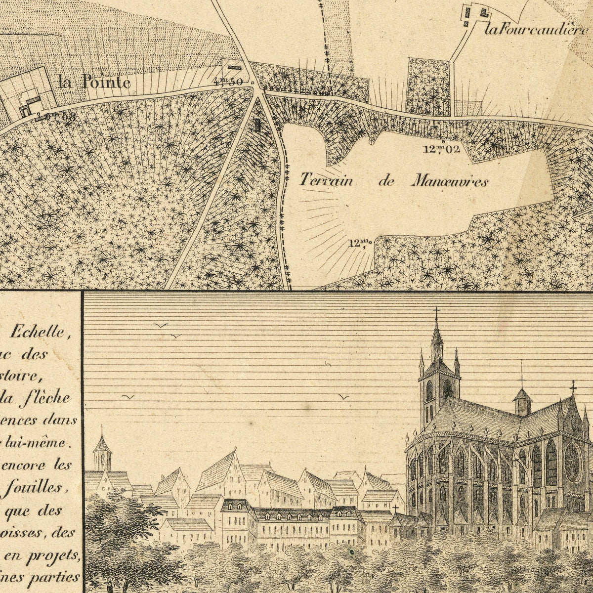 The image is a vintage map of a city, depicting a large church with a steeple and surrounding buildings, as well as a detailed street map of the city.