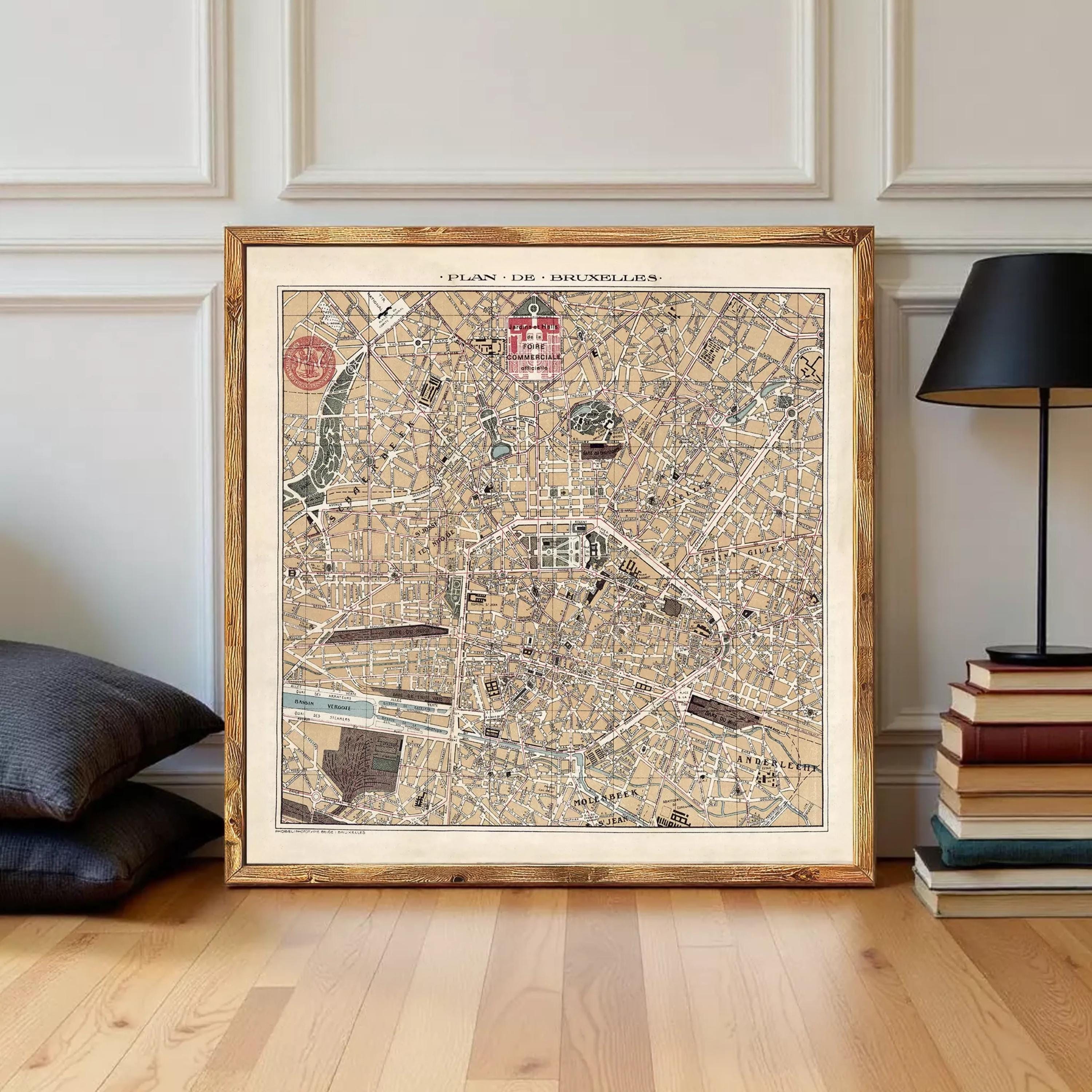 The image is a framed vintage map of Brussels, Belgium, depicting the city's streets and landmarks.