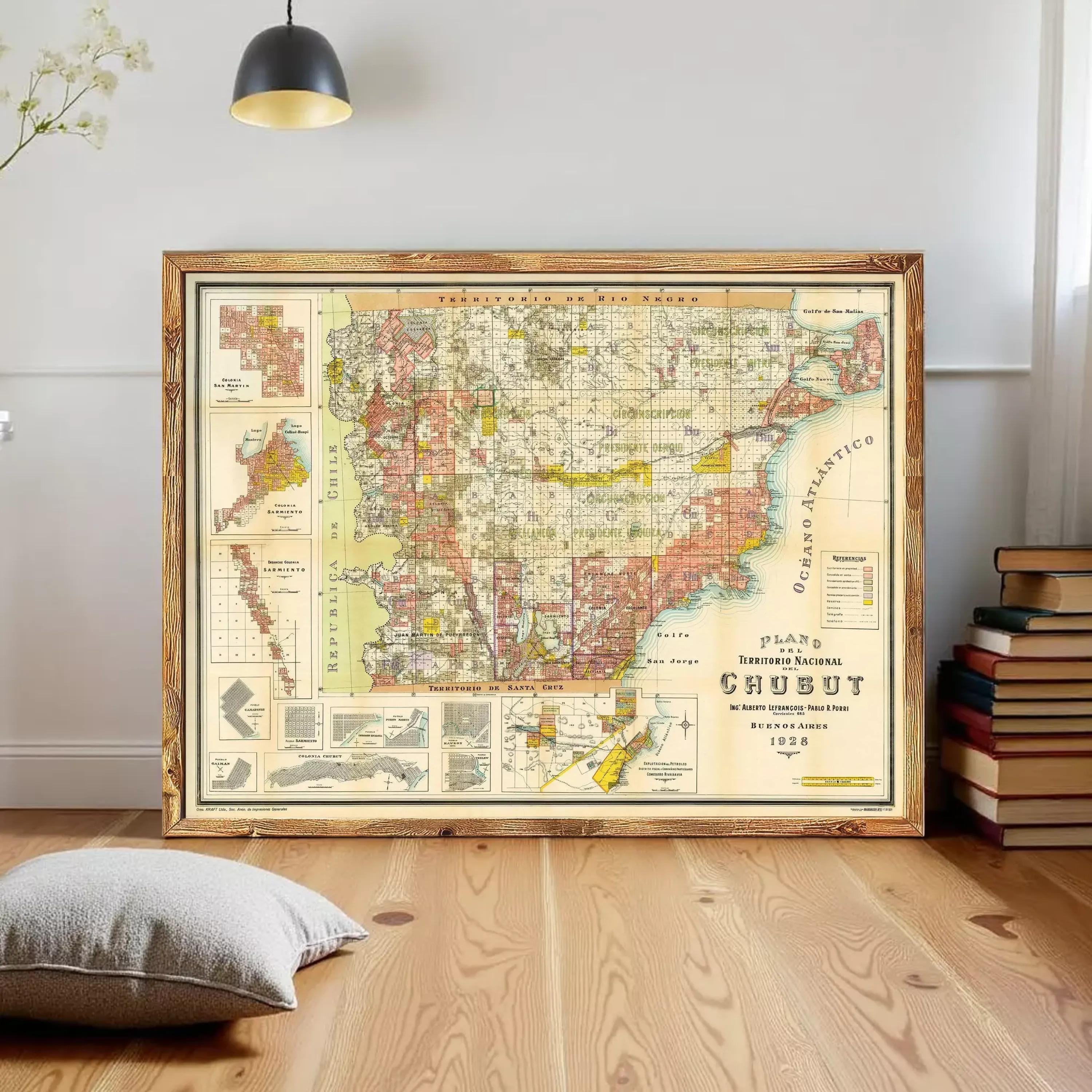 a large framed map of the territory of Chubut, depicting the region in a vintage style.