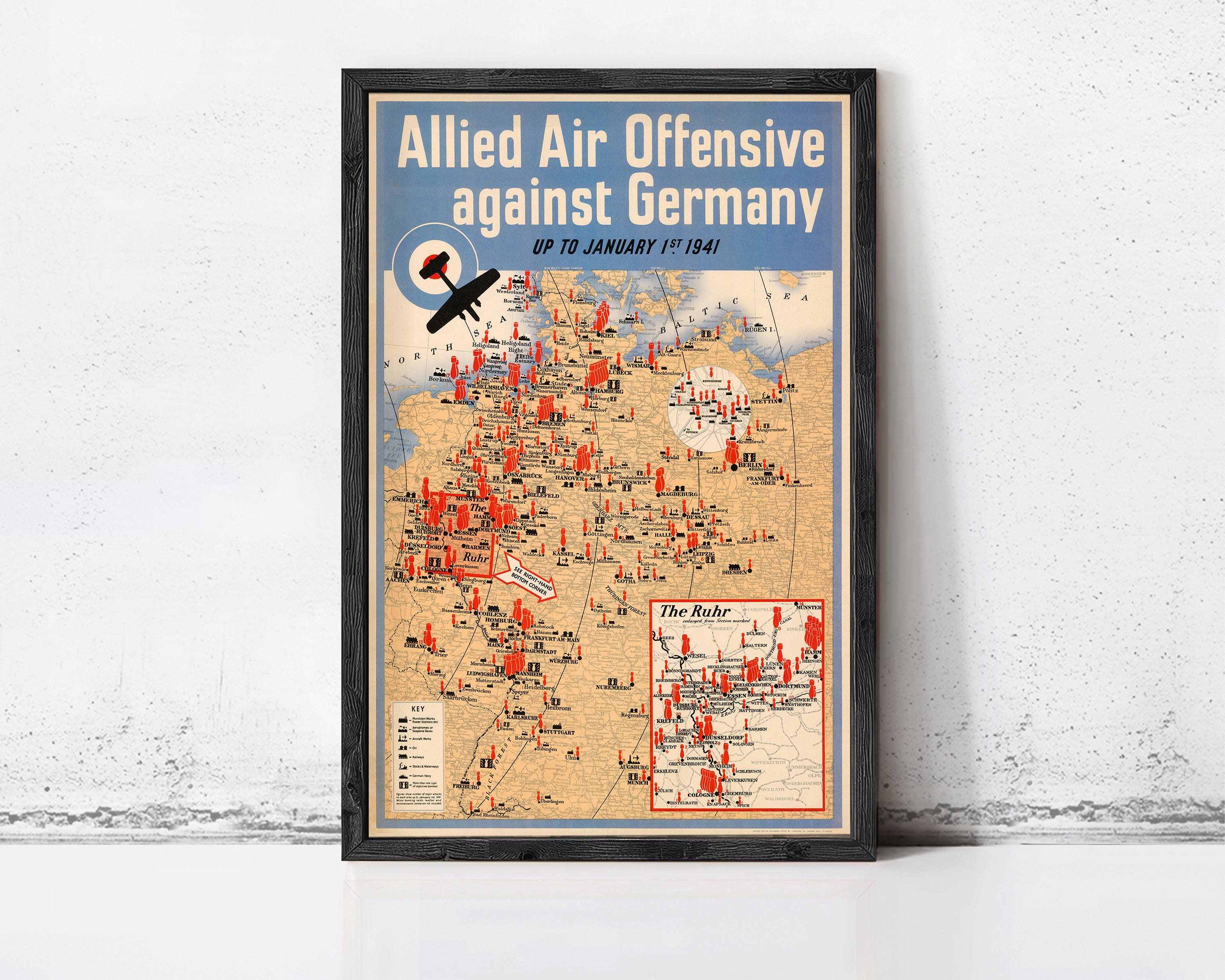 The image is a vintage poster depicting a map of Europe and Germany during World War II, with a focus on the Allied Air Offensive against Germany.