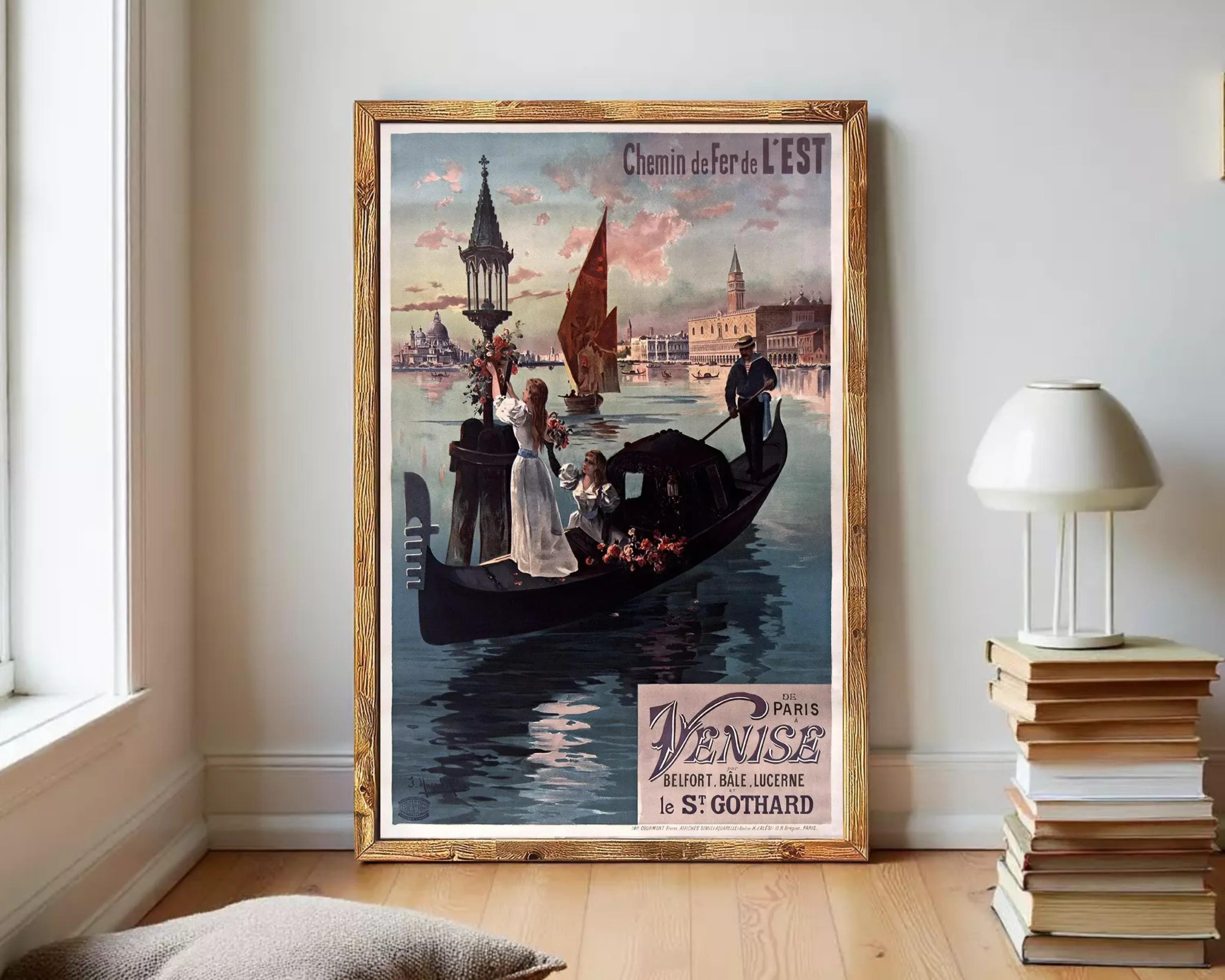 The image is a framed vintage advertisement poster for Venice, featuring a gondola on the water with people on board.