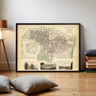 The image is a framed historical map of Turin, Italy, depicting the city's layout and surrounding areas.
