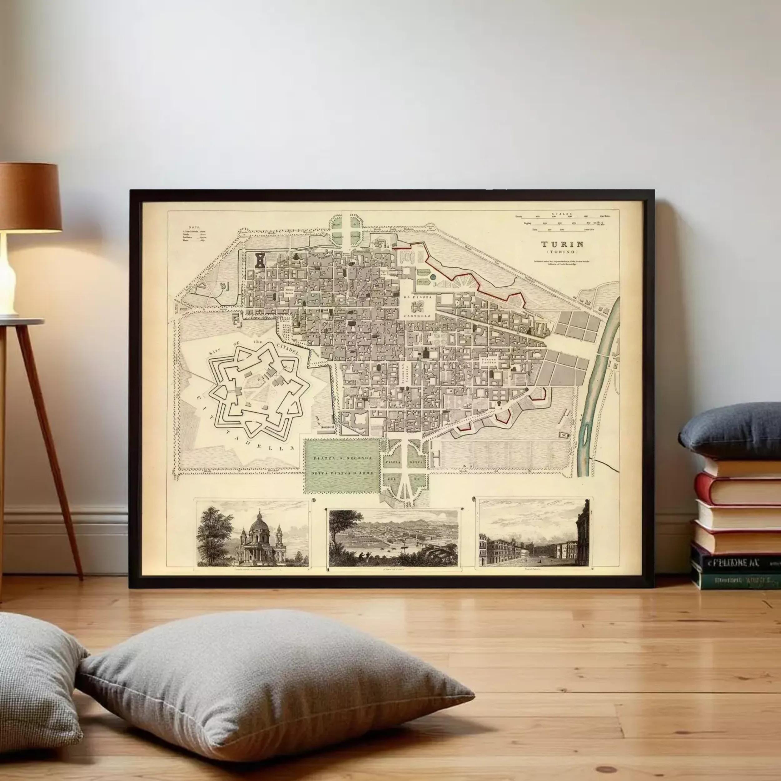 The image is a framed historical map of Turin, Italy, depicting the city's layout and surrounding areas.