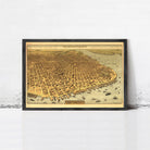 The image is a framed vintage map of San Francisco, California, depicting the city's layout and surrounding areas.
