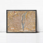 The image is a framed vintage map of Paris, France, depicting the city's layout and surrounding areas.