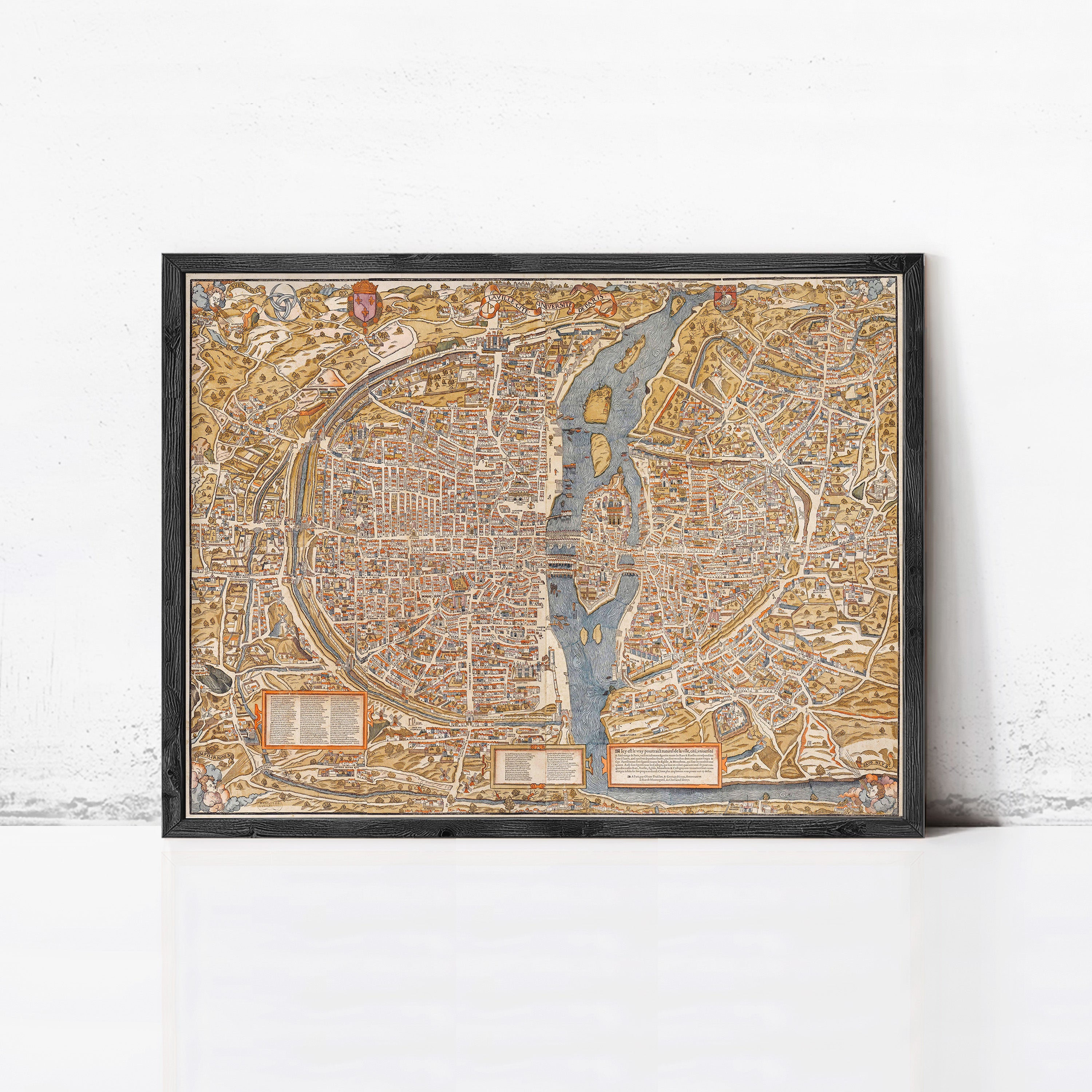 The image is a framed vintage map of Paris, France, depicting the city's layout and surrounding areas.