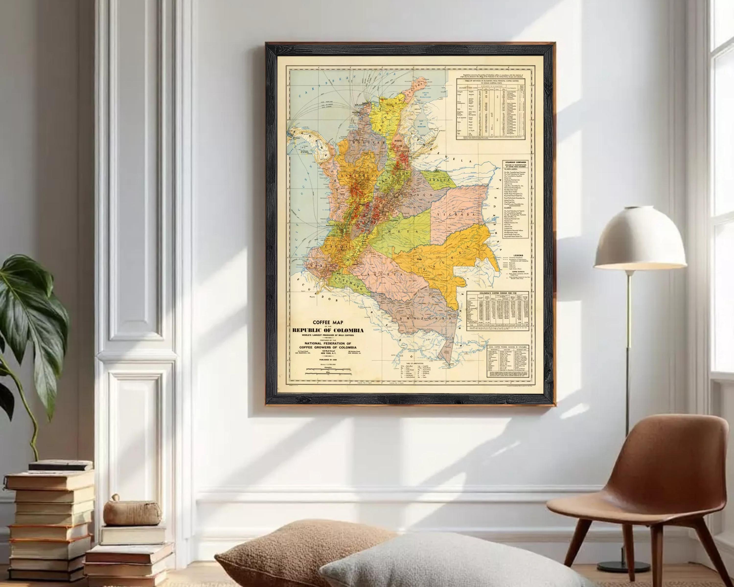 The image is a framed vintage map of the Republic of Colombia, depicting the country's geographical layout and boundaries.
