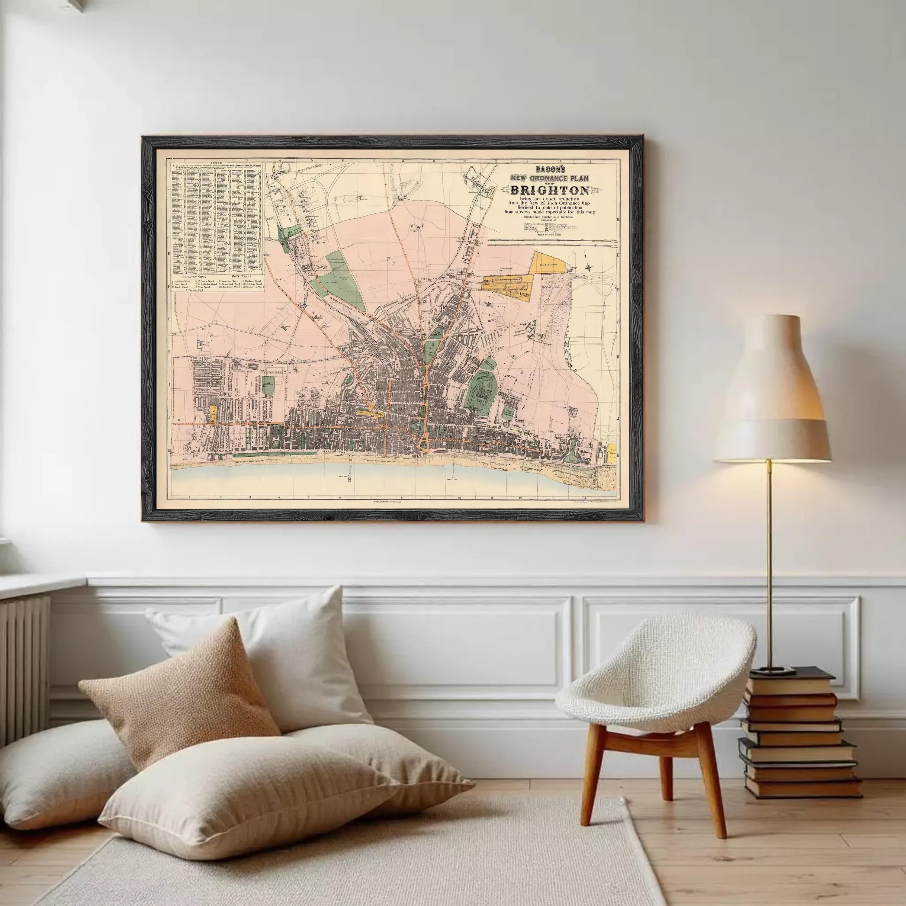 The image is a framed vintage map of Brighton, showing the city's layout and surrounding areas.