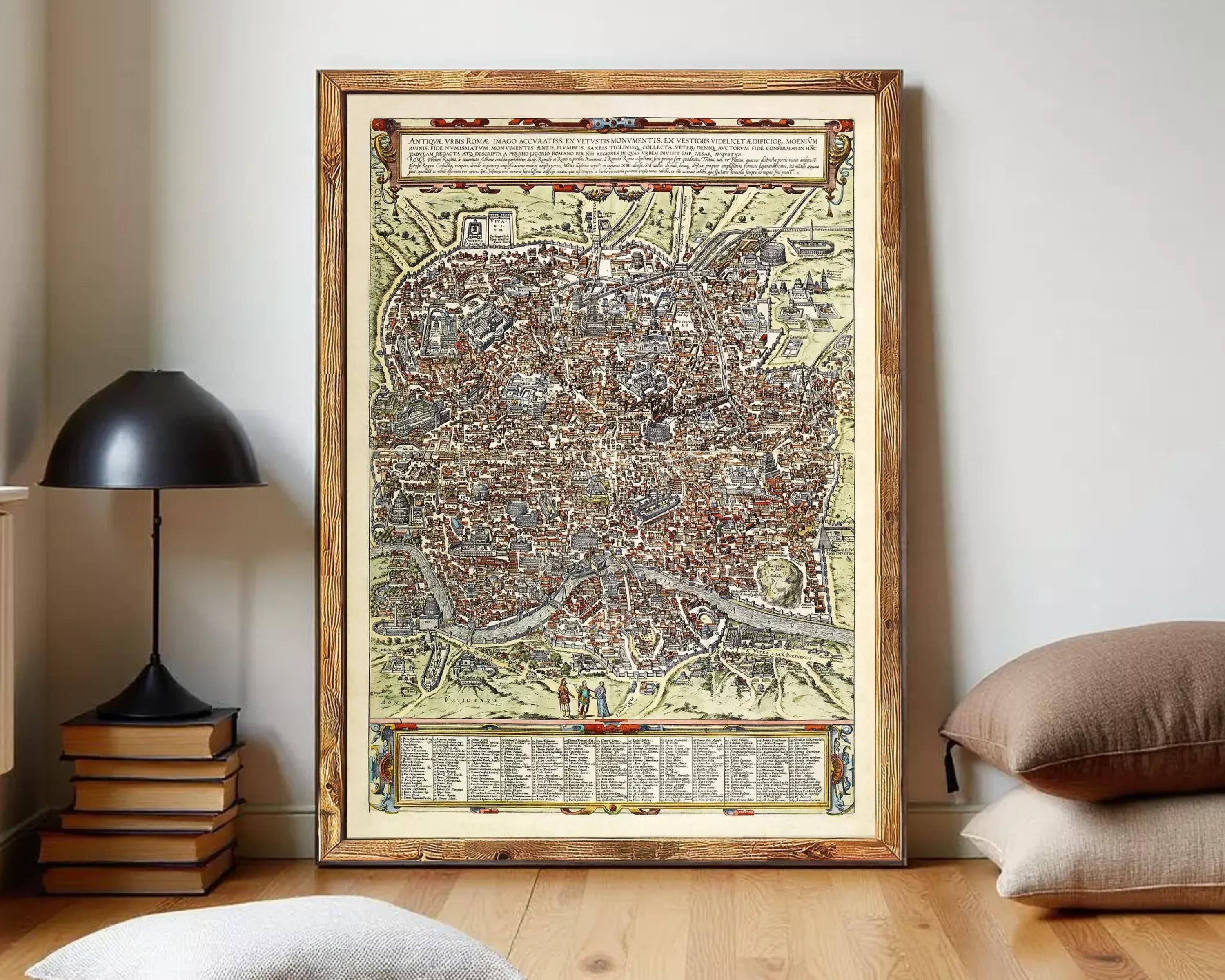The image is a framed antique map of a city, likely from the Middle Ages, with intricate details and a vintage appearance.
